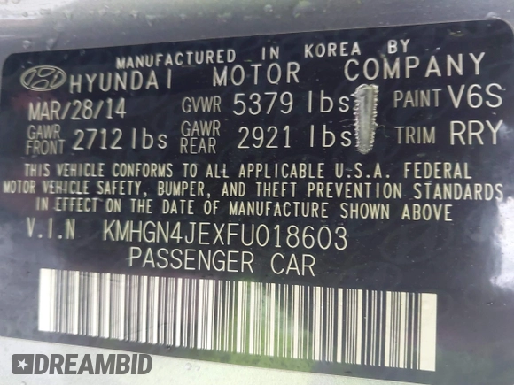 2015 Hyundai Genesis 3.8L z VIN KMHGN4JEXFU018603, wystawiony jako IAAI lot #41717349 z przebiegiem Nie podano mil oraz . Historia ofert i sprzedaży dostępna na DreamBid. Obrazek 9.