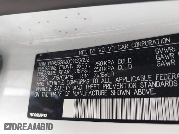 2012 Volvo XC70 3.2L with VIN YV4952BZ0C1133692, listed as a IAAI auction lot 42013093 with 153,678 mi miles and . Bid and sale history available at DreamBid. Image 9.