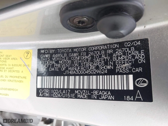 2004 Lexus ES 330 with VIN JTHBA30G045029624, listed as a IAAI auction lot 42006744 with 116,444 mi miles. Bid and sale history available at carsss.com. Image 9.