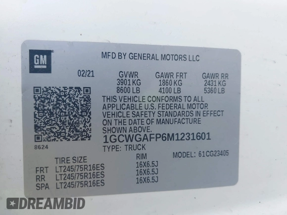 2021 Chevrolet Express Cargo with VIN 1GCWGAFP6M1231601, listed as a IAAI auction lot 42763185 with 105,783 mi miles and . Bid and sale history available at DreamBid. Image 8.