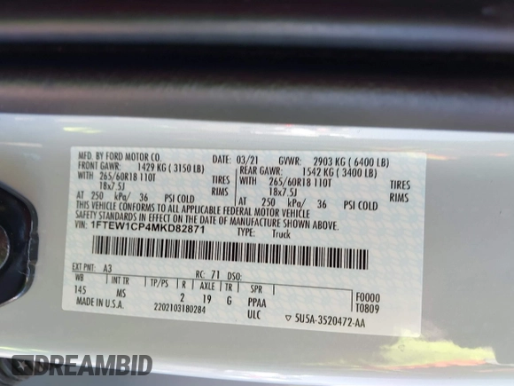 2021 Ford F-150 XL with VIN 1FTEW1CP4MKD82871, listed as a IAAI auction lot 42301025 with 54,757 mi miles and . Bid and sale history available at DreamBid. Image 9.