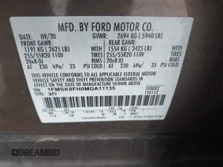2021 Ford Explorer Limited with VIN 1FMSK8FH0MGA11135, listed as a IAAI auction lot 41912169 with 10,260 mi miles. Bid and sale history available at carsss.com. Image 9.