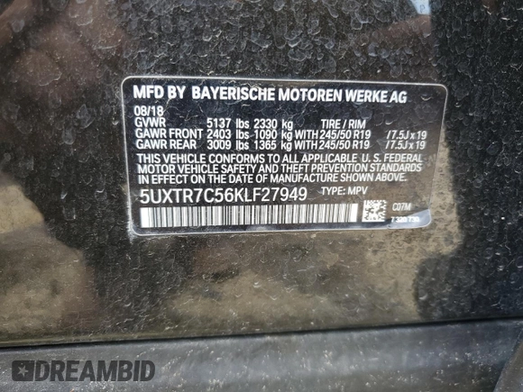 2019 BMW X3 sDrive30i with VIN 5UXTR7C56KLF27949, listed as a Copart auction lot 54762165 with 88,414 mi miles and Salvage Title. Bid and sale history available at DreamBid. Image 13.