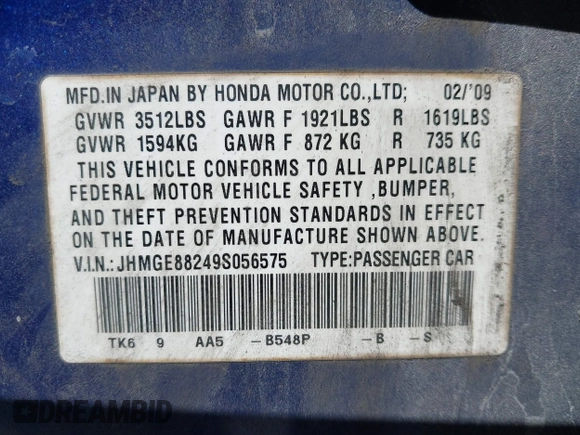 2009 Honda Fit with VIN JHMGE88249S056575, listed as a IAAI auction lot 41702555 with 116,658 mi miles. Bid and sale history available at carsss.com. Image 9.