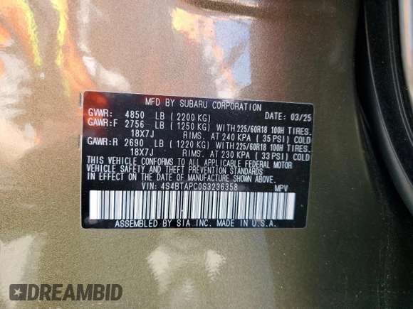 2025 Subaru Outback Touring with VIN 4S4BTAPC0S3236358, listed as a Copart auction lot 56849645 with 451 mi miles and Salvage title. Bid and sale history available at DreamBid. Image 14.