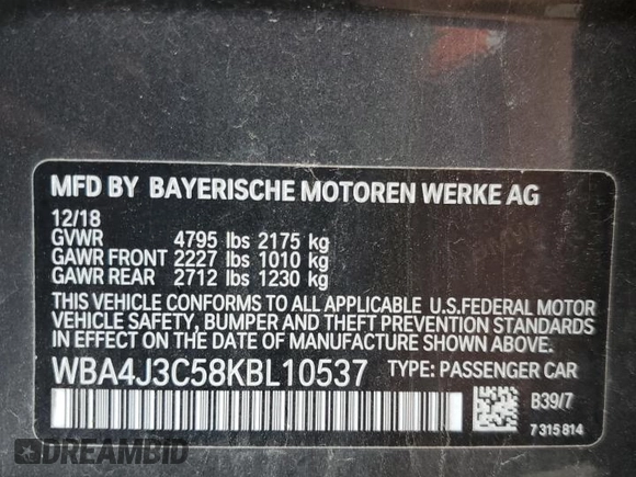 2019 BMW 4 Series 430i xDrive с VIN WBA4J3C58KBL10537, выставлен на аукционе Copart как лот 55932605 с пробегом 49 862 миль миль и Списание • Salvage title. История ставок и продаж доступна на DreamBid. Изображение 12.