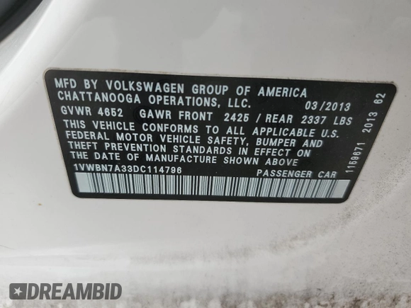 2013 Volkswagen Passat TDI SE with VIN 1VWBN7A33DC114796, listed as a Copart auction lot 86446374 with 111,820 mi miles and Clean Title. Bid and sale history available at carsss.com. Image 12.