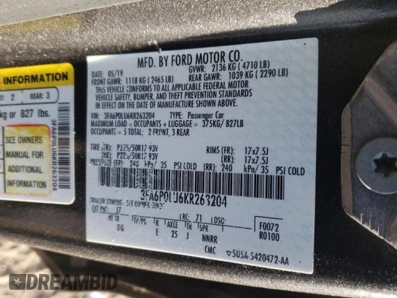 2019 Ford Fusion Hybrid SE with VIN 3FA6P0LU6KR263204, listed as a Copart auction lot 63937812 with 75,957 mi miles. Bid and sale history available at carsss.com. Image 10.