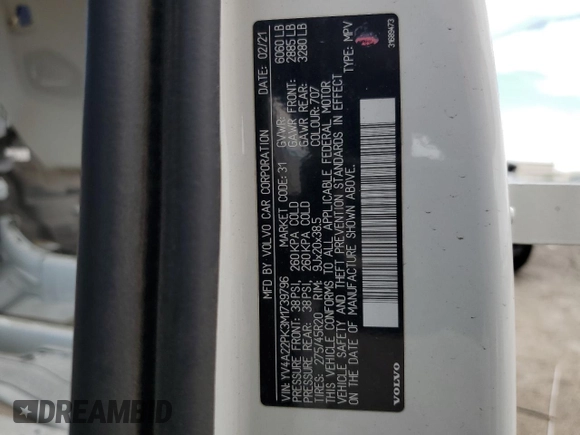 2021 Volvo XC90 Momentum с VIN YV4A22PK3M1739796, выставлен на аукционе Copart как лот 45725065 с пробегом Не указан миль и Чистый • Clean title. История ставок и продаж доступна на DreamBid. Изображение 13.