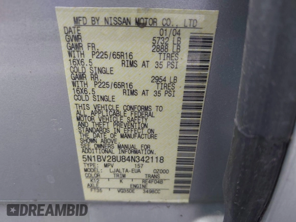 2004 Nissan Quest S z VIN 5N1BV28U84N342118, wystawiony jako IAAI lot #41298573 z przebiegiem Nie podano mil oraz . Historia ofert i sprzedaży dostępna na DreamBid. Obrazek 9.