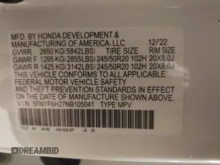 2022 Honda Pilot Special Edition with VIN 5FNYF6H27NB105041, listed as a IAAI auction lot 41916708 with 15,848 mi miles and . Bid and sale history available at DreamBid. Image 9.