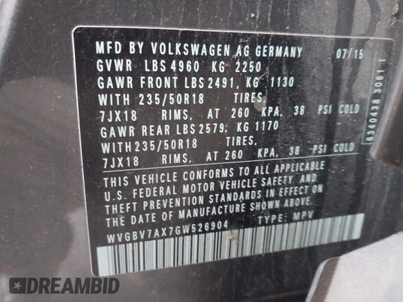 2016 Volkswagen Tiguan SE with VIN WVGBV7AX7GW526904, listed as a IAAI auction lot 42590816 with 73,758 mi miles and . Bid and sale history available at DreamBid. Image 9.