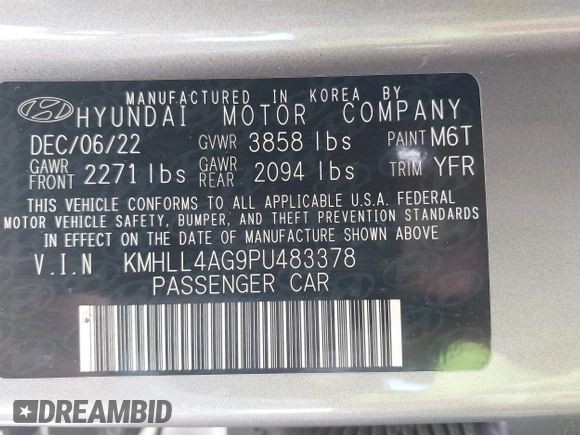 2023 Hyundai Elantra SE with VIN KMHLL4AG9PU483378, listed as a IAAI auction lot 41763542 with 44,730 mi miles and . Bid and sale history available at DreamBid. Image 9.