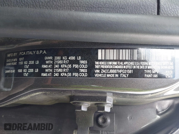 2017 Jeep Renegade Latitude z VIN ZACCJBBB7HPG31581, wystawiony jako IAAI lot #41933910 z przebiegiem 153 217 mil mil oraz . Historia ofert i sprzedaży dostępna na DreamBid. Obrazek 9.