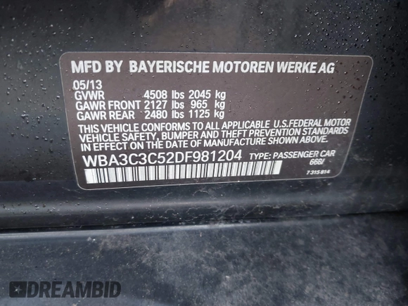 2013 BMW 3 Series 320i xDrive z VIN WBA3C3C52DF981204, wystawiony jako IAAI lot #41731595 z przebiegiem 82 514 mil mil oraz . Historia ofert i sprzedaży dostępna na DreamBid. Obrazek 9.