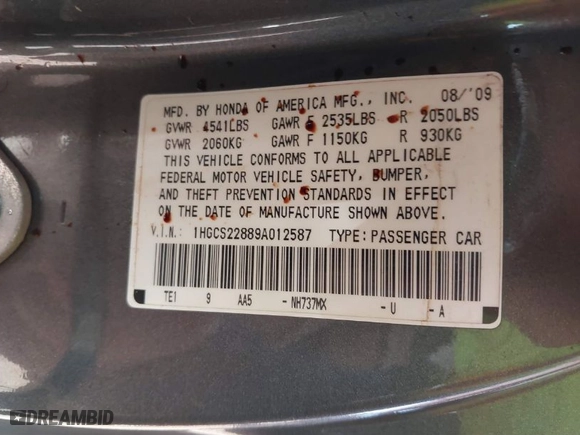 2009 Honda Accord Cpe EX-L with VIN 1HGCS22889A012587, listed as a IAAI auction lot 41641266 with 185,409 mi miles. Bid and sale history available at carsss.com. Image 9.