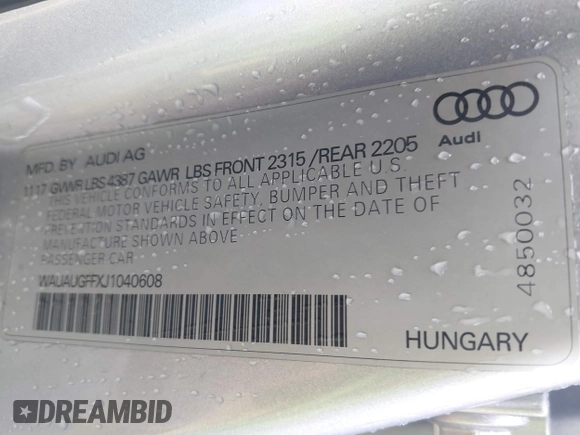 2018 Audi A3 Sedan Premium with VIN WAUAUGFFXJ1040608, listed as a IAAI auction lot 41708256 with 55,359 mi miles. Bid and sale history available at carsss.com. Image 9.