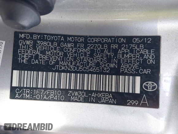 2012 Toyota Prius One with VIN JTDKN3DU5C5465132, listed as a IAAI auction lot 41919049 with 269,080 mi miles. Bid and sale history available at carsss.com. Image 9.