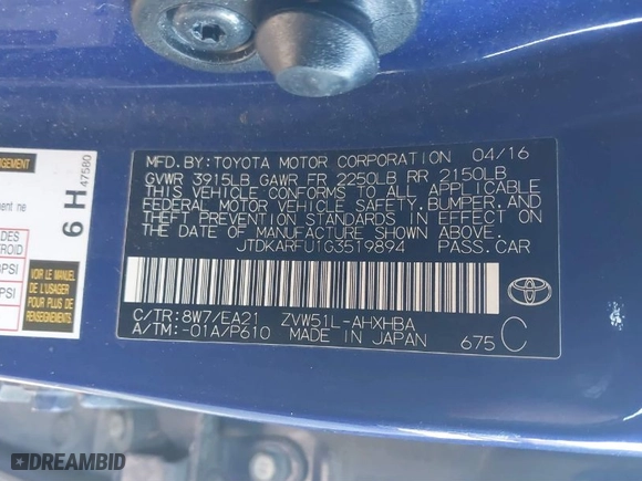 2016 Toyota Prius Four with VIN JTDKARFU1G3519894, listed as a IAAI auction lot 41430417 with 131,693 mi miles. Bid and sale history available at carsss.com. Image 9.