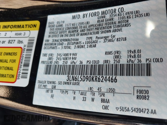 2019 Lincoln MKZ Reserve I with VIN 3LN6L5D90KR624466, listed as a IAAI auction lot 42270254 with 15,791 mi miles and . Bid and sale history available at DreamBid. Image 9.