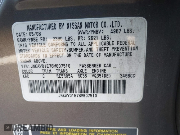 2008 Infiniti M with VIN JNKAY01E78M607510, listed as a IAAI auction lot 42262743 with Not provided miles and . Bid and sale history available at DreamBid. Image 9.