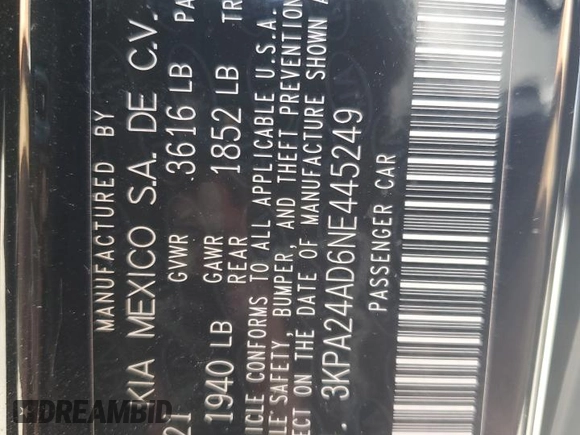 2022 Kia Rio S with VIN 3KPA24AD6NE445249, listed as a Copart auction lot 47897285 with 51,906 mi miles and Salvage Title. Bid and sale history available at DreamBid. Image 14.