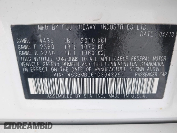 2013 Subaru Legacy Premium with VIN 4S3BMBC61D3043291, listed as a IAAI auction lot 41488349 with 120,867 mi miles and . Bid and sale history available at DreamBid. Image 9.