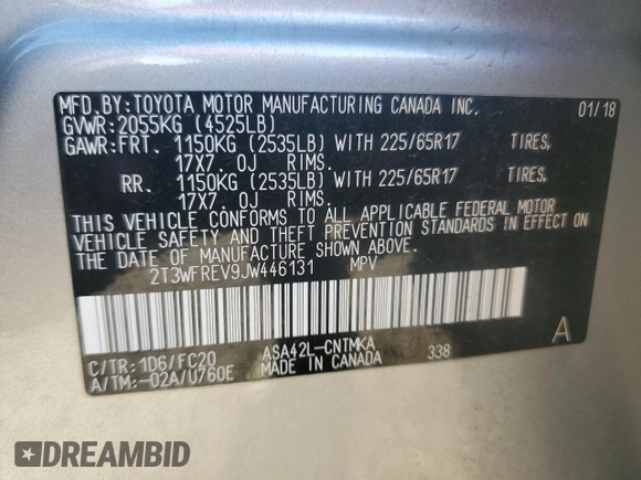 2018 Toyota RAV4 XLE with VIN 2T3WFREV9JW446131, listed as a Copart auction lot 45342115 with 116,238 mi miles and Non Repairable. Bid and sale history available at carsss.com. Image 16.