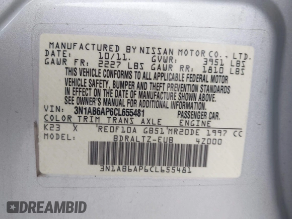 2012 Nissan Sentra S with VIN 3N1AB6AP6CL655481, listed as a IAAI auction lot 42538022 with 237,224 mi miles and . Bid and sale history available at DreamBid. Image 9.