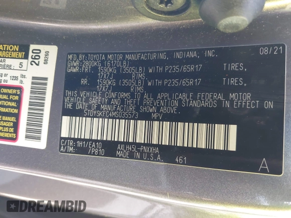 2021 Toyota Sienna XLE with VIN 5TDYSKFC4MS035573, listed as a IAAI auction lot 41988128 with 39,110 mi miles. Bid and sale history available at carsss.com. Image 9.