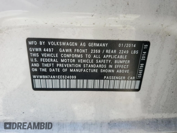 2014 Volkswagen CC R-Line with VIN WVWBN7AN1EE524099, listed as a Copart auction lot 60628924 with 120,310 mi miles and Clean Title. Bid and sale history available at carsss.com. Image 12.