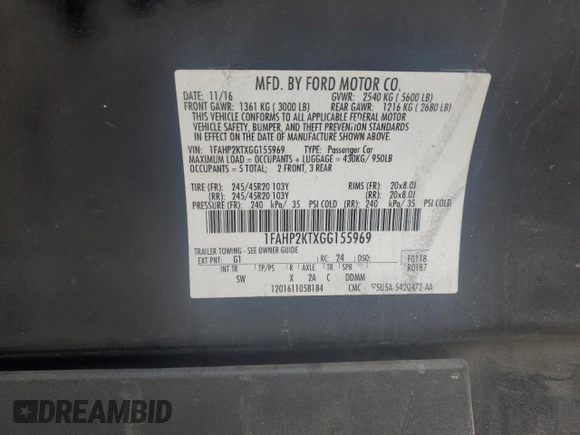 2016 Ford Taurus SHO z VIN 1FAHP2KTXGG155969, wystawiony jako Copart lot #54431405 z przebiegiem 124 040 mil mil oraz Szkoda całkowita • Salvage title. Historia ofert i sprzedaży dostępna na DreamBid. Obrazek 12.