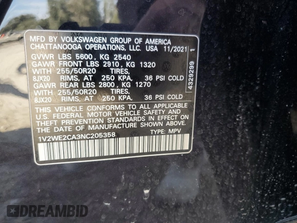 2022 Volkswagen Atlas SE with VIN 1V2WE2CA3NC205358, listed as a Copart auction lot 84341324 with 84,992 mi miles and Salvage title. Bid and sale history available at DreamBid. Image 15.