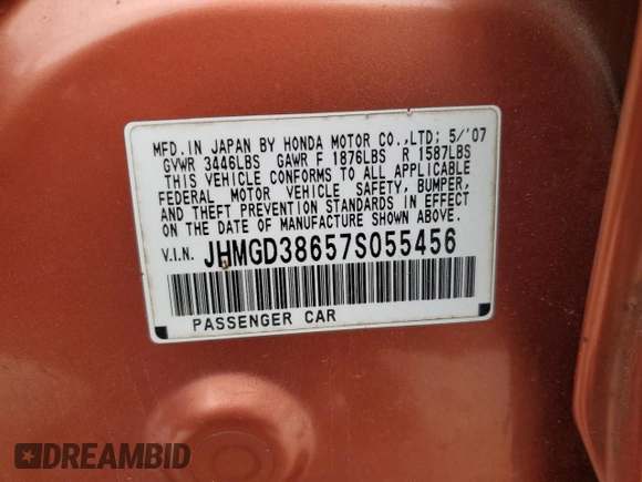 2007 Honda Fit Sport with VIN JHMGD38657S055456, listed as a Copart auction lot 89397795 with 249,679 mi miles and Salvage Title. Bid and sale history available at carsss.com. Image 13.