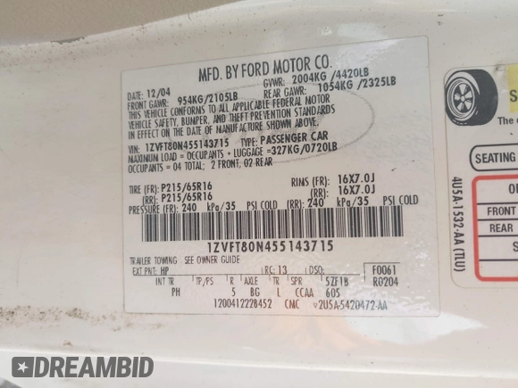 2005 Ford Mustang Deluxe с VIN 1ZVFT80N455143715, выставлен на аукционе IAAI как лот 42439492 с пробегом 131 102 миль миль и . История ставок и продаж доступна на DreamBid. Изображение 9.