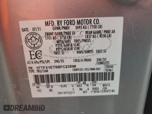 2011 Ford F-150 XL with VIN 1FTFX1ET5BFC23598, listed as a Copart auction lot 50999125 with 207,683 mi miles and Salvage Title. Bid and sale history available at carsss.com. Image 12.