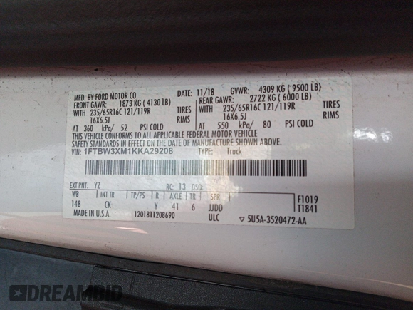 2019 Ford Transit с VIN 1FTBW3XM1KKA29208, выставлен на аукционе IAAI как лот 42631265 с пробегом 215 367 миль миль и . История ставок и продаж доступна на DreamBid. Изображение 19.