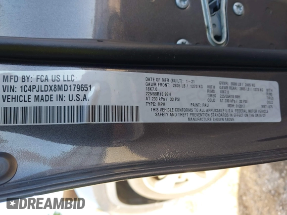 2021 Jeep Cherokee Limited with VIN 1C4PJLDX8MD179651, listed as a IAAI auction lot 42009341 with Not provided miles and . Bid and sale history available at DreamBid. Image 9.