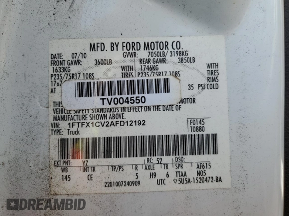 2010 Ford F-150 XL with VIN 1FTFX1CV2AFD12192, listed as a Copart auction lot 49967905 with 205,641 mi miles and Salvage Title. Bid and sale history available at DreamBid. Image 12.