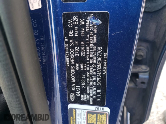 2021 Kia Forte LXS с VIN 3KPF24ADXME367708, выставлен на аукционе Copart как лот 51166514 с пробегом 27 005 миль миль и Списание • Salvage title. История ставок и продаж доступна на DreamBid. Изображение 15.