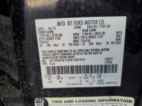 2013 Ford F-150 XL z VIN 1FTFW1ET3DFC87757, wystawiony jako Copart lot #84429344 z przebiegiem 102 948 mil mil oraz Szkoda całkowita • Salvage title. Historia ofert i sprzedaży dostępna na DreamBid. Obrazek 12.