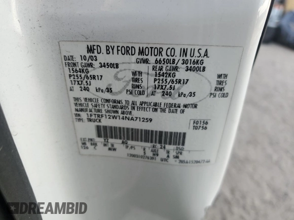 2004 Ford F-150 XL with VIN 1FTRF12W14NA71259, listed as a Copart auction lot 44809625 with 155,067 mi miles and Salvage Title. Bid and sale history available at carsss.com. Image 14.