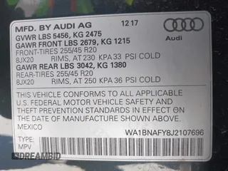 2018 Audi Q5 Premium Plus with VIN WA1BNAFY8J2107696, listed as a IAAI auction lot 41765883 with 75,363 mi miles. Bid and sale history available at carsss.com. Image 9.