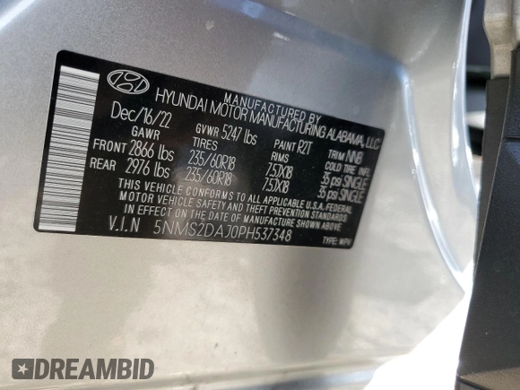 2023 Hyundai Santa Fe SEL with VIN 5NMS2DAJ0PH537348, listed as a Copart auction lot 79331054 with 6,856 mi miles and Salvage Title. Bid and sale history available at DreamBid. Image 16.