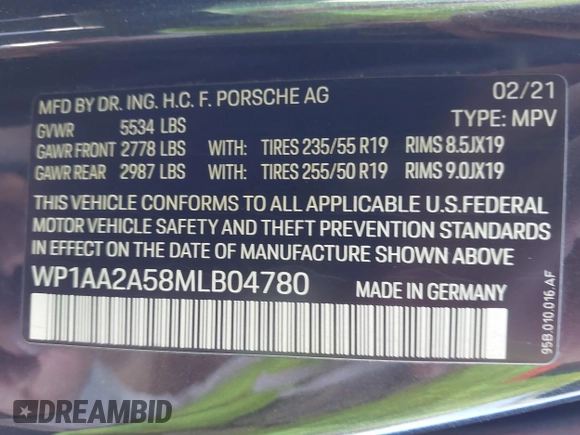 2021 Porsche Macan with VIN WP1AA2A58MLB04780, listed as a IAAI auction lot 41674377 with 55,946 mi miles and . Bid and sale history available at DreamBid. Image 9.