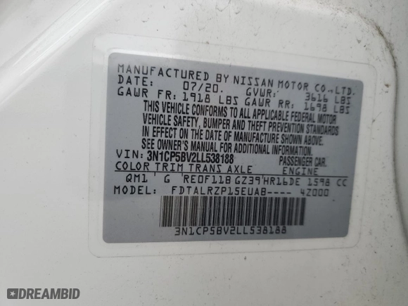 2020 Nissan Kicks S with VIN 3N1CP5BV2LL538188, listed as a Copart auction lot 52823275 with 0 mi miles and Clean Title. Bid and sale history available at carsss.com. Image 12.