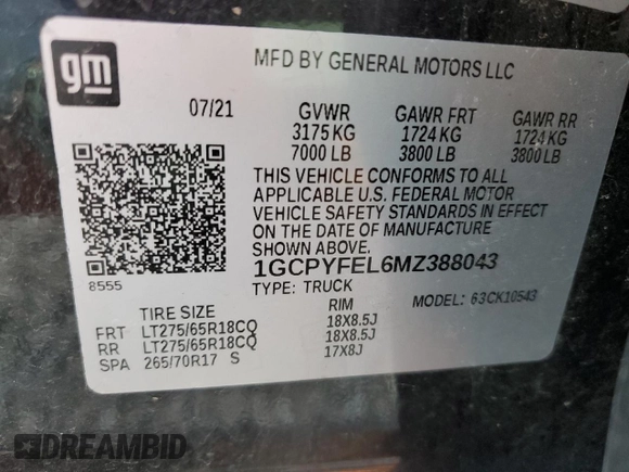 2021 Chevrolet Silverado 1500 LT Trail Boss with VIN 1GCPYFEL6MZ388043, listed as a Copart auction lot 48032035 with 76,082 mi miles and Salvage Title. Bid and sale history available at DreamBid. Image 12.