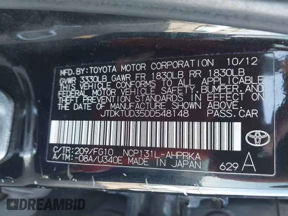 2013 Toyota Yaris L with VIN JTDKTUD35DD548148, listed as a IAAI auction lot 41939847 with 336,231 mi miles. Bid and sale history available at carsss.com. Image 9.