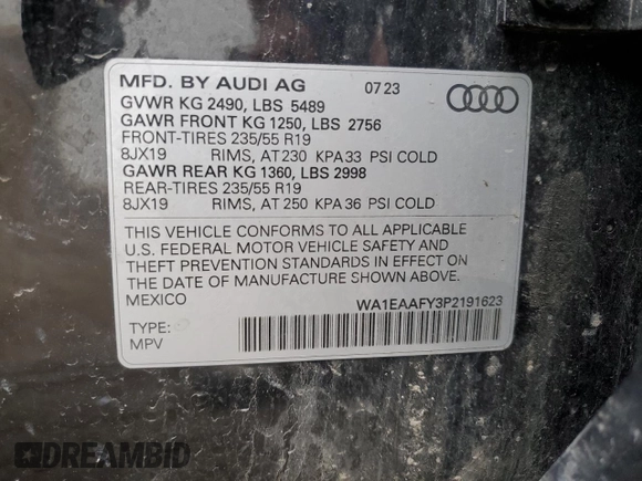 2023 Audi Q5 S line Premium Plus z VIN WA1EAAFY3P2191623, wystawiony jako Copart lot #53108505 z przebiegiem 20 154 mil mil oraz Szkoda całkowita • Salvage title. Historia ofert i sprzedaży dostępna na DreamBid. Obrazek 13.