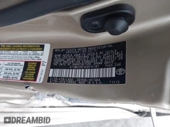 2012 Toyota Camry SE with VIN 4T1BK1FK1CU514191, listed as a IAAI auction lot 40981275 with 1 mi miles. Bid and sale history available at carsss.com. Image 9.